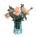 Vase with bouquet of beautiful roses on white background Royalty Free Stock Photo