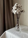 a vase with a bouquet of cotton flowers stands on the edge of the table next to the window and brown curtains