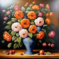 In a vase, a bouquet of flowers blooms, embodying the vibrant colors of autumn in a captivating floral still life oil painting, fr