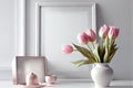 vase with bouquet of tulips flowers, spring home interior decor. Royalty Free Stock Photo