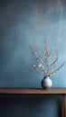 A vase of cherry blossoms against light grey walls in early spri