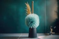 a vase with a feather ball and a wooden stick in it Royalty Free Stock Photo