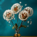 a vase filled with dandelions on a table