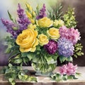 a vase filled with a delightful mix of yellow roses and purple flowers Royalty Free Stock Photo