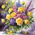 a vase filled with a delightful mix of yellow roses and purple flowers Royalty Free Stock Photo