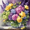 a vase filled with a delightful mix of yellow roses and purple flowers Royalty Free Stock Photo