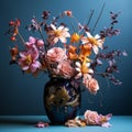 a vase filled with flowers on a blue table