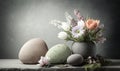 a vase filled with flowers next to two eggs on a stone slab with flowers in it on a dark background with a gray wall behind Royalty Free Stock Photo