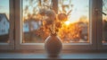 A vase filled with fluffy dried flowers sits on a window sill, illuminated by the sunset Royalty Free Stock Photo