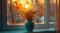 A vase filled with fluffy dried flowers sits on a window sill, illuminated by the sunset Royalty Free Stock Photo