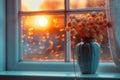 A vase filled with fluffy dried flowers sits on a window sill Royalty Free Stock Photo