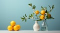 a vase filled with lemons and a vase filled with flowers