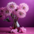 a vase filled with pink dandelions on a purple background