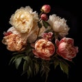 Vase filled with pink and white flowers, including roses. There are several different types of flowers in arrangement