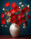 a vase filled with red and white flowers