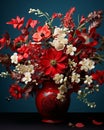 a vase filled with red and white flowers