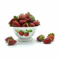 The vase is filled with ripe strawberries. Several berries lie nearby.