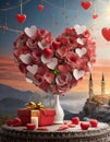 A vase filled with roses and hearts sits a top a table with a present and candles Royalty Free Stock Photo