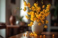 A vase filled with yellow Apricot blossom at the table. Lunar new year decoration