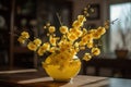 A vase filled with yellow Apricot blossom at the table. Lunar new year decoration