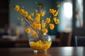 A vase filled with yellow Apricot blossom at the table. Lunar new year decoration