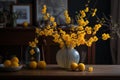 A vase filled with yellow Apricot blossom at the table. Lunar new year decoration