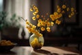 A vase filled with yellow Apricot blossom at the table. Lunar new year decoration