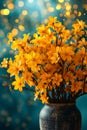 Vase filled with yellow flowers such as daisies or sunflowers against blue background. Generative AI Royalty Free Stock Photo