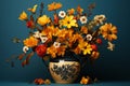 a vase filled with yellow and orange flowers on a blue background Royalty Free Stock Photo