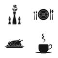 Vase with a flower, table setting, fried chicken with garnish, a cup of coffee. Restaurant set collection icons in black Royalty Free Stock Photo