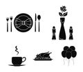 Vase with a flower, table setting, fried chicken with garnish, a cup of coffee.Restaurant set collection icons in black Royalty Free Stock Photo