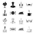 Vase with a flower, table setting, fried chicken with garnish, a cup of coffee. Restaurant set collection icons in black Royalty Free Stock Photo