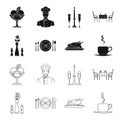 Vase with a flower, table setting, fried chicken with garnish, a cup of coffee.Restaurant set collection icons in black Royalty Free Stock Photo