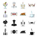 Vase with a flower, table setting, fried chicken with garnish, a cup of coffee.Restaurant set collection icons in black Royalty Free Stock Photo