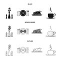 Vase with a flower, table setting, fried chicken with garnish, a cup of coffee.Restaurant set collection icons in black Royalty Free Stock Photo