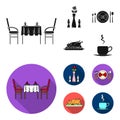 Vase with a flower, table setting, fried chicken with garnish, a cup of coffee.Restaurant set collection icons in black Royalty Free Stock Photo