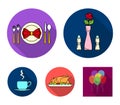 Vase with a flower, table setting, fried chicken with garnish, a cup of coffee.Restaurant set collection icons in flat Royalty Free Stock Photo