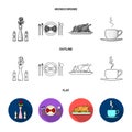 Vase with a flower, table setting, fried chicken with garnish, a cup of coffee.Restaurant set collection icons in flat Royalty Free Stock Photo