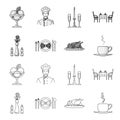 Vase with a flower, table setting, fried chicken with garnish, a cup of coffee.Restaurant set collection icons in Royalty Free Stock Photo