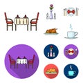 Vase with a flower, table setting, fried chicken with garnish, a cup of coffee.Restaurant set collection icons in Royalty Free Stock Photo