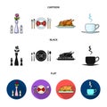 Vase with a flower, table setting, fried chicken with garnish, a cup of coffee.Restaurant set collection icons in Royalty Free Stock Photo