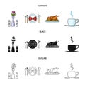 Vase with a flower, table setting, fried chicken with garnish, a cup of coffee.Restaurant set collection icons in Royalty Free Stock Photo