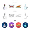 Vase with a flower, table setting, fried chicken with garnish, a cup of coffee.Restaurant set collection icons in Royalty Free Stock Photo