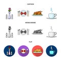 Vase with a flower, table setting, fried chicken with garnish, a cup of coffee.Restaurant set collection icons in Royalty Free Stock Photo