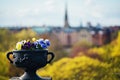 Vase with flowers on the background of a picturesque panorama of Stockholm