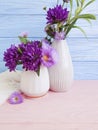 Vase flowers bouquet bell, purple elegance table beauty decorative spring chrysanthemum arrangement on a wooden background Royalty Free Stock Photo