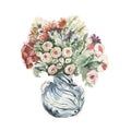 Vase with Flowers. Bouquet. Watercolor hand-drawn illustration, separately on a white background. Royalty Free Stock Photo