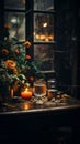 a vase of flowers and candles sit on a table in front of a window Royalty Free Stock Photo