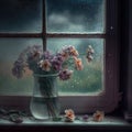 a vase with flowers in front of a gloomy vintage windows, Generative AI, Generative AI Royalty Free Stock Photo