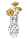 Vase with Flowers isolated on white background. Ceramic vase. Line art, color drawing